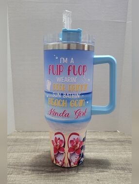 Blue Beach Graphic Travel Tumbler with Handle